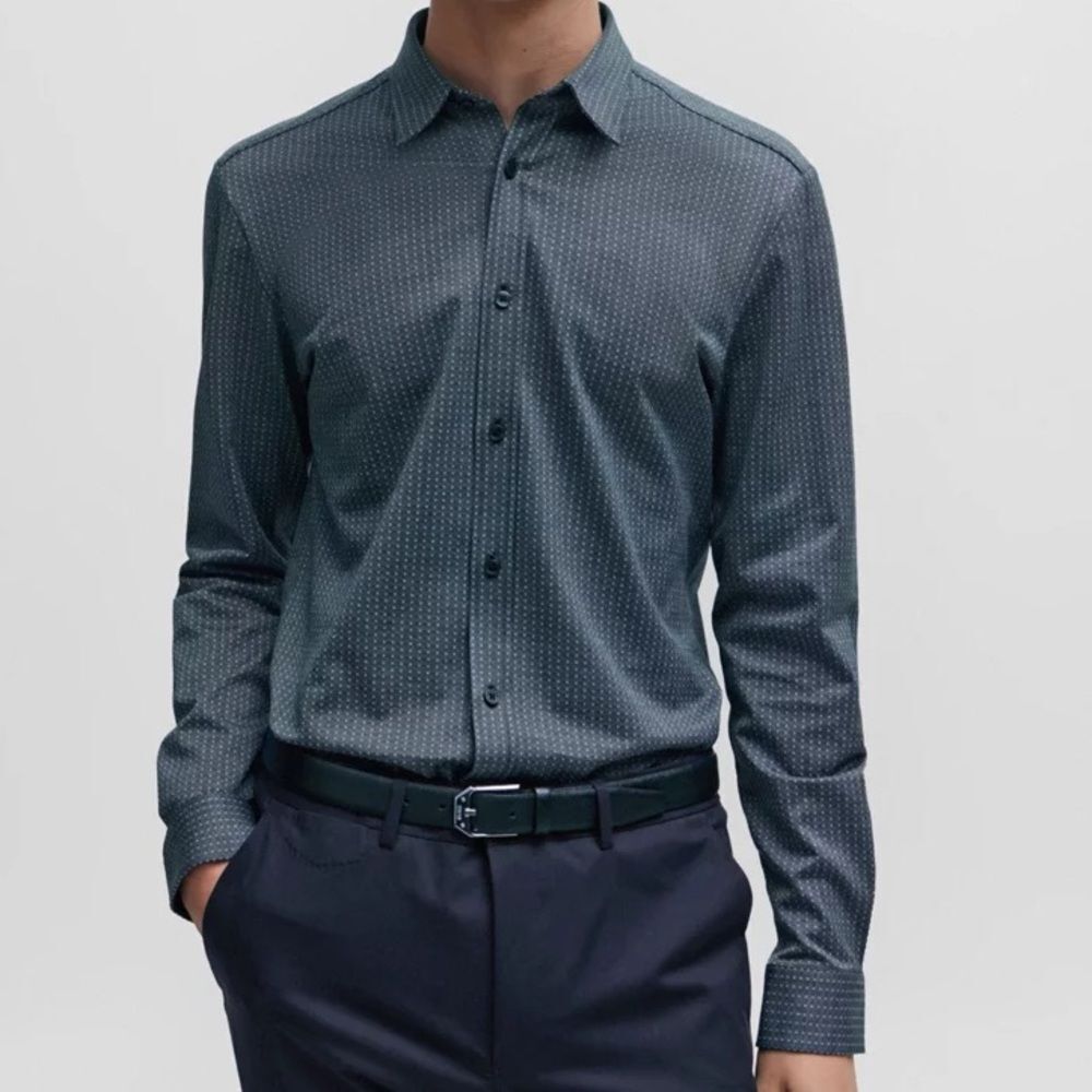 Hugo Boss Blue Roan Kent Jacquard Slim Fit Button Down Shirt Size XL
